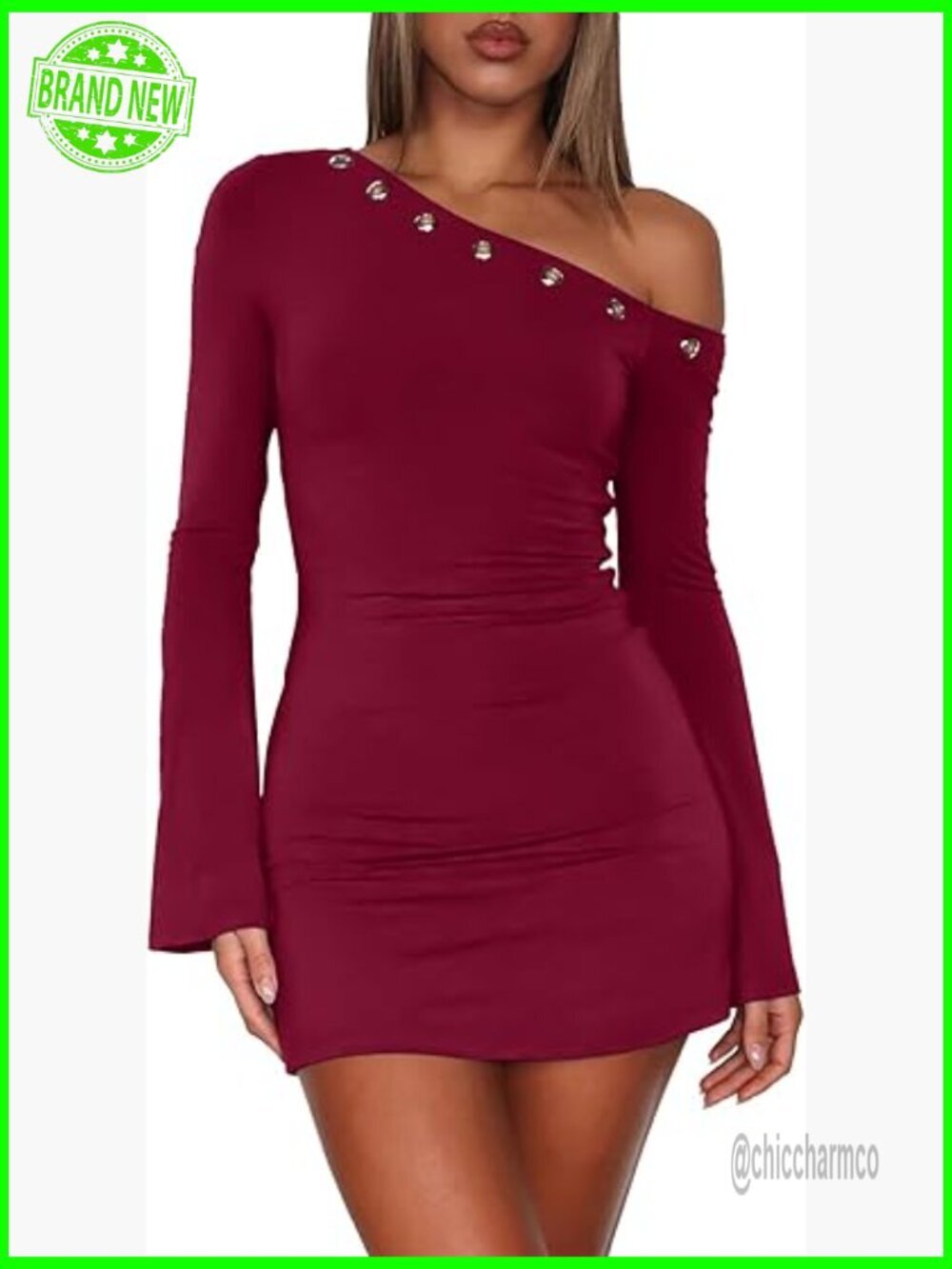 Off Shoulder Mini Dress Long Sleeve Flared Bodycon Party Club Dress with Metal